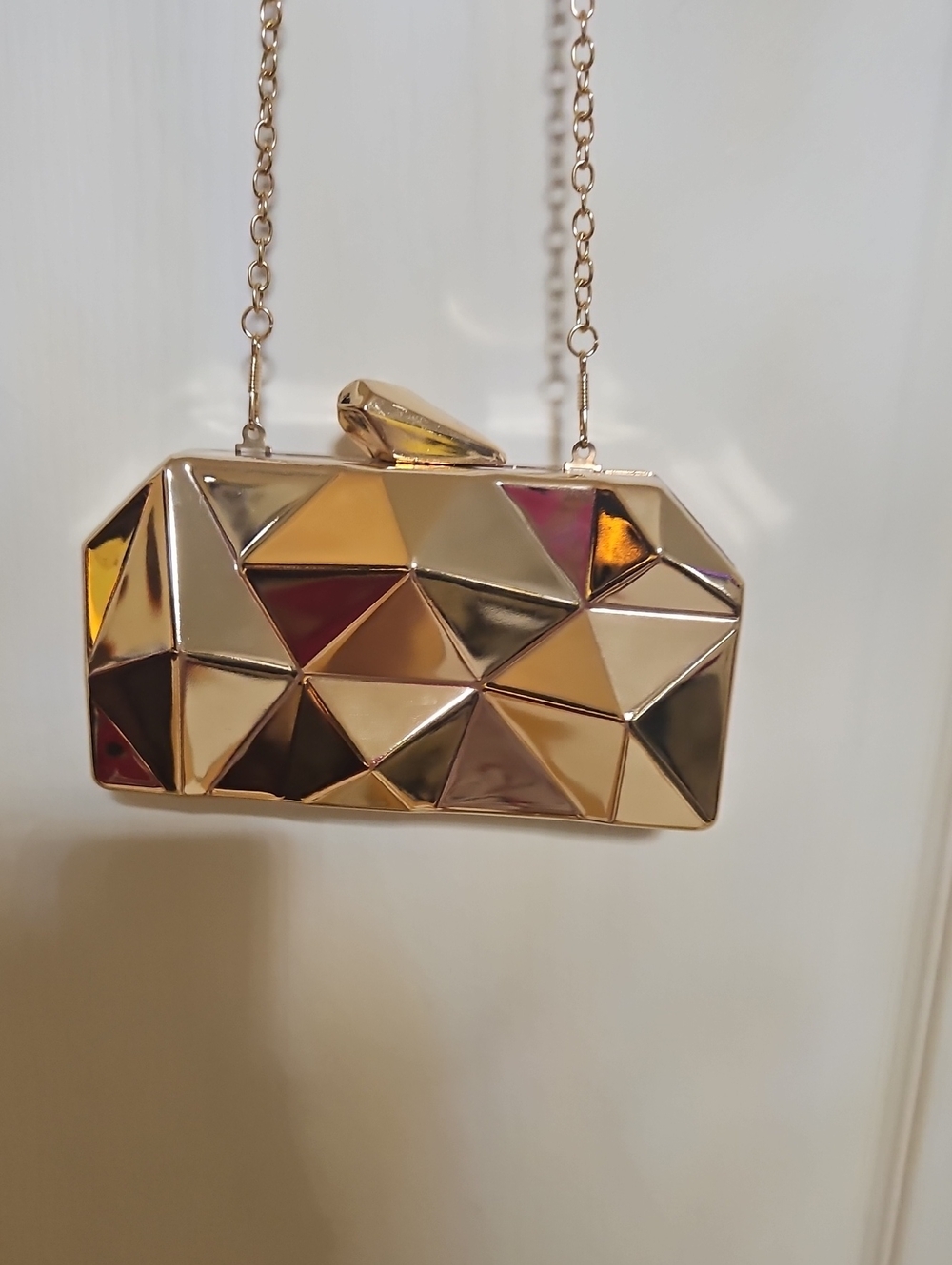 Gold Geometric Hardcase Evening Clutch with Chain
